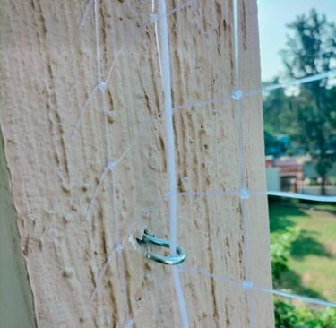 Close-up of tightly woven anti-pigeon net installed on a residential balcony in Velacherry.