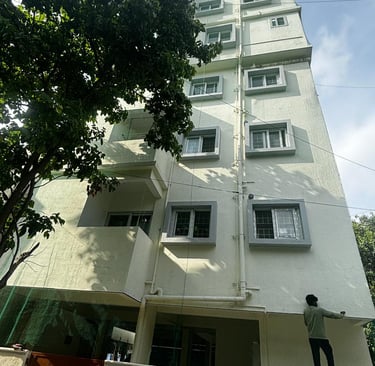 Close-up of a freshly installed pigeon safety net on a balcony in Adyar, showing the fine mesh