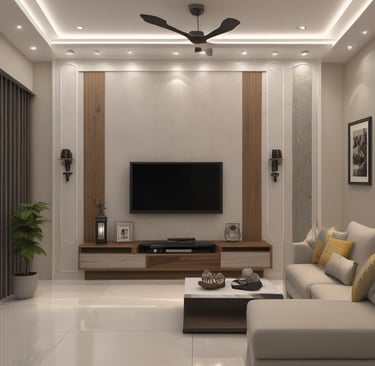 A stylish office corner with built-in shelves and ambient lighting, installed in a Guntur residence.