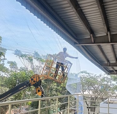 carefully installing pigeon nets along the warehouse beams during daylight.