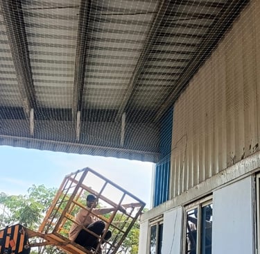 Exterior view of a Mumbai warehouse with pigeon nets visible through open loading docks.