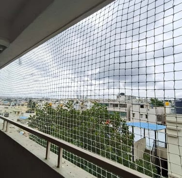 Wide shot showing a building facade covered with neatly installed anti-pigeon nets.