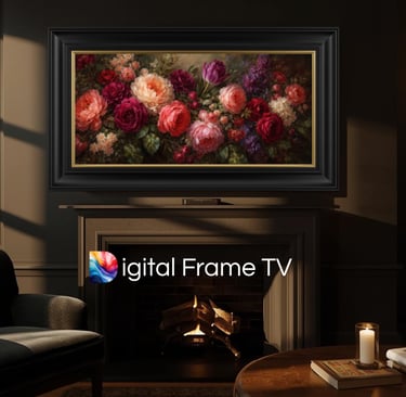 a painting of flowers on a fireplace in a living room