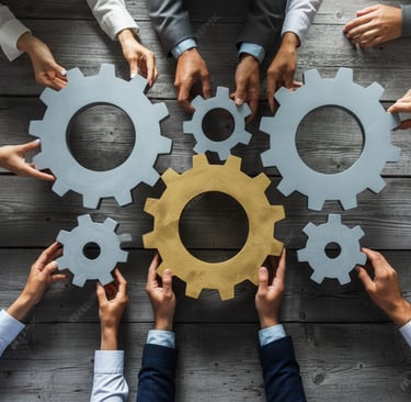 Rouages assemblés par plusieurs mains, symbolisant la mise en œuvre et l’accompagnement IA en entrep