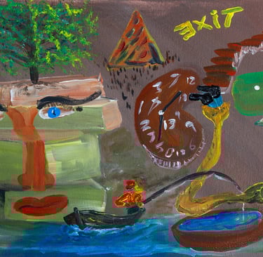 Stacked Books with Eyes, Clock strikes 13, and girl fishing surrealism