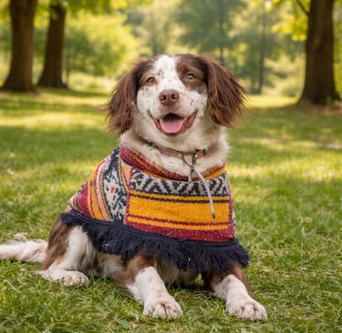Perrito en un parque lleno de árboles y pasto verde