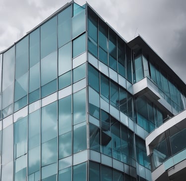 Sparkling clean glass facade reflecting sunlight on a modern business building.