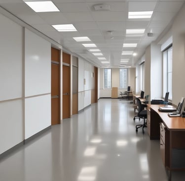 Professional cleaning staff carefully wiping down office desks with microfiber cloths.