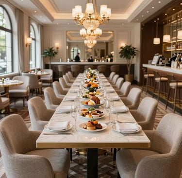 Elegant brunch table set with gold accents and fresh flowers, sunlight streaming through large windows.