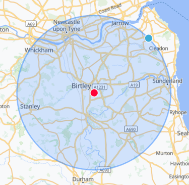 Mobile sports massage radius map covering Washington, Newcastle, and Birtley.