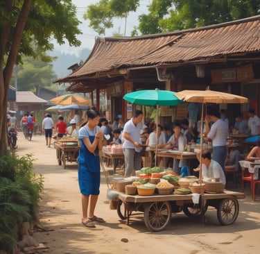 A warm, inviting shot of Saladang Noodles' entrance with golden light glowing against deep purple accents.