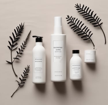 A serene flat lay of minimalist skincare products on a soft beige background with gentle natural light.