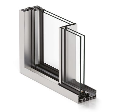 Cross-section of a double-glazed energy-efficient aluminum sliding door frame for modern construction.