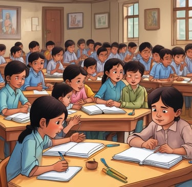 A small batch of students attentively solving problems together under the watchful eye of a mentor.