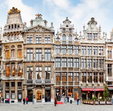 Ornate historic guildhall buildings with Baroque architecture at Grand Place in Brussels, Belgium.