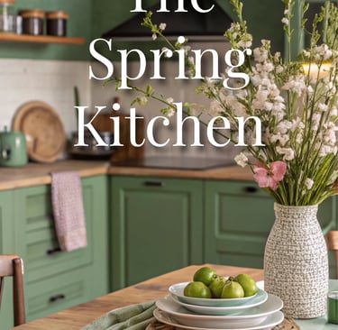 spring kitchen with flowers in a vase and a bowl of fruit 