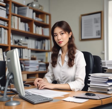 Photo of a confident businesswoman reviewing documents in a bright office.