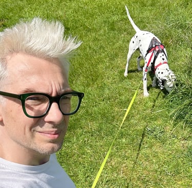 man looks into camer. dalmatian sniff in the back.