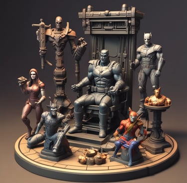 Close-up of intricate 3D-printed collectible figurines glowing softly under ambient light.