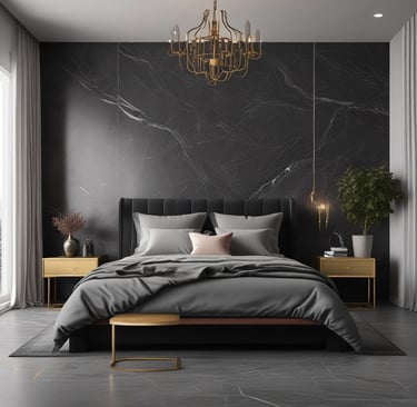 Stylish bedroom with a sleek bed frame in white and red accents.