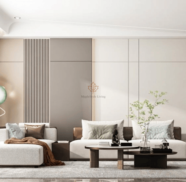 Modern minimalist living room featuring a white sectional sofa, wood paneling, and contemporary decor.