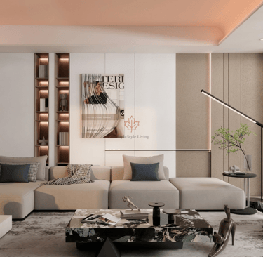 Modern minimalist living room featuring a beige sectional sofa, marble coffee table, and luxury wall shelving.