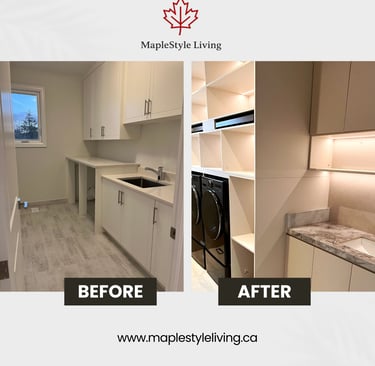 Before and after laundry room renovation featuring custom white cabinets and marble countertops.