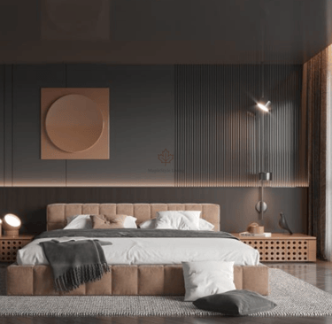 Modern dark bedroom interior featuring a tufted platform bed and elegant wood slat wall paneling.