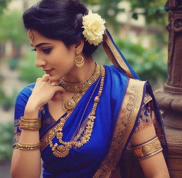 Need a beautiful south indian women with a colour full wearing saree with flower.