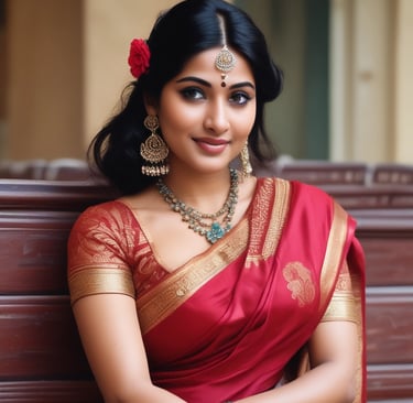 Need a beautiful south indian women with a colour full wearing saree with flower.