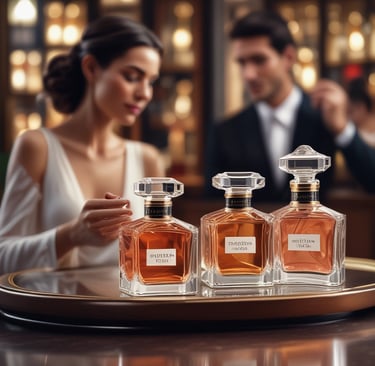 Elegant bottles of perfume and cosmetic products arranged on a clean white surface