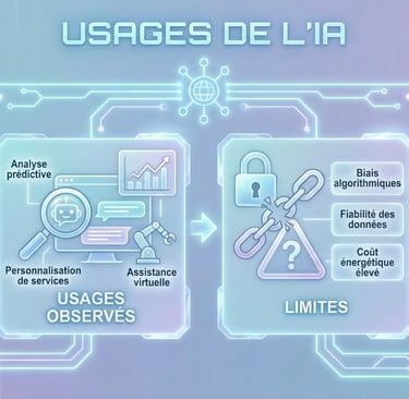 Infographie montrant les usages de l'IA, de l'automatisation aux limites éthiques et conditions d'appropriation.