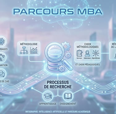 Infographic showing the MBA journey from AI research and methodology to final thesis defense in a futuristic city.