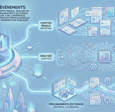 Isometric illustration of AI content generation for events, data analysis, and editorial extensions.
