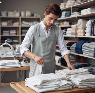 A professional staff member carefully inspecting a delicate fabric before dry cleaning.