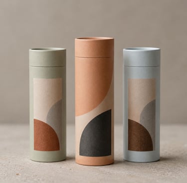 Sustainable cardboard scatter tubes for ashes with artistic designs in earthy colours