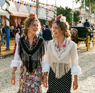Moda de calle Feria de Abril Sevilla lunares y flores en el pelo