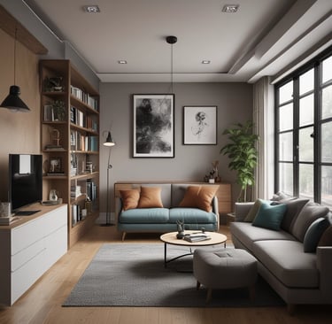 A cozy living room with bright natural light and stylish furniture.