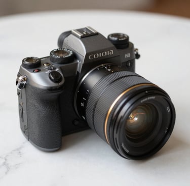 An intimate, professional close-up of a high-end mirrorless camera resting on a clean white marble surface. The lighting is soft and natural, emphasizing the sleek textures of the charcoal camera body and the brushed gold accents of the lens. North American studio setting.