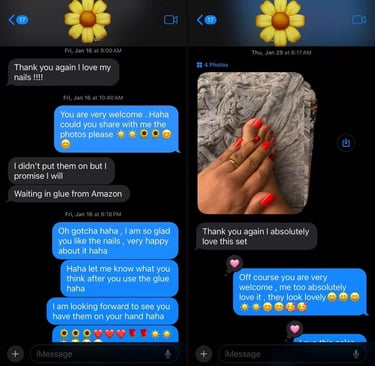 Customer review showing red color sets of SharpTalons press-on nails and positive feedback