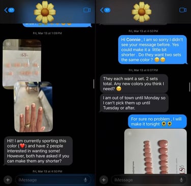 Customer review showing Nude Peach sets of Sharp Talons press-on nails and positive feedback