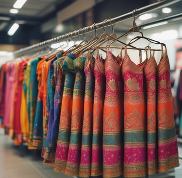A row of finished garments hanging, including blouses and kids wear, ready for timely delivery.