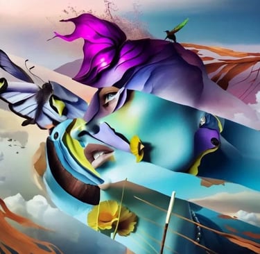 Surreal digital art featuring a woman's face blended with butterflies and purple flowers.