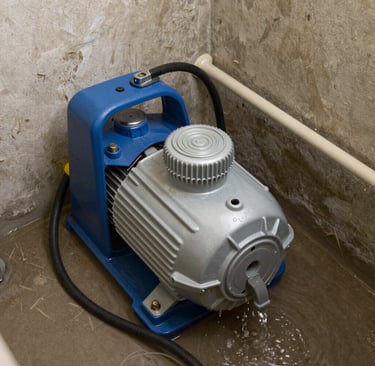 A blue and silver portable electric water pump draining a flooded basement floor.