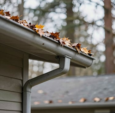 White residential roof gutters clogged with brown autumn leaves requiring cleaning and maintenance.