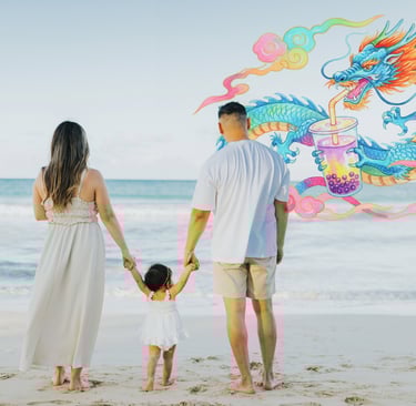 boba girl at the beach with family