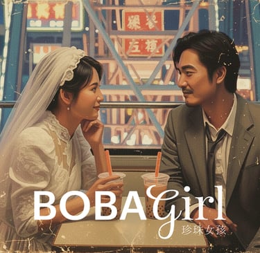 bride and groom sitting at a cafe drinking bubble tea