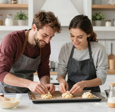Close-up of hands mixing cake batter in a glass bowl with a wooden spoon on a kitchen counter.