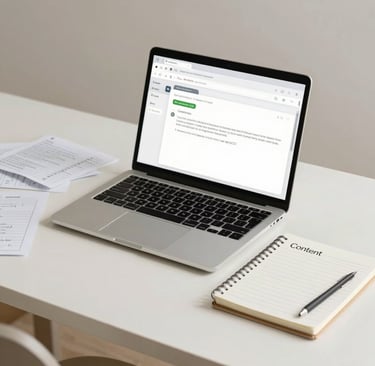 Workspace showing messy ideas next to an organized AI content system on a laptop and notebook