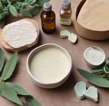 A serene workspace with plants, essential oils, and clean canvas product packaging.